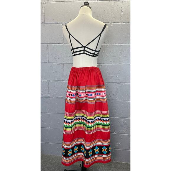 Vintage 1940s 50s Seminole Native American Patchwork Skirt Rick-Rack Red Maxi 0 - Picture 5 of 10